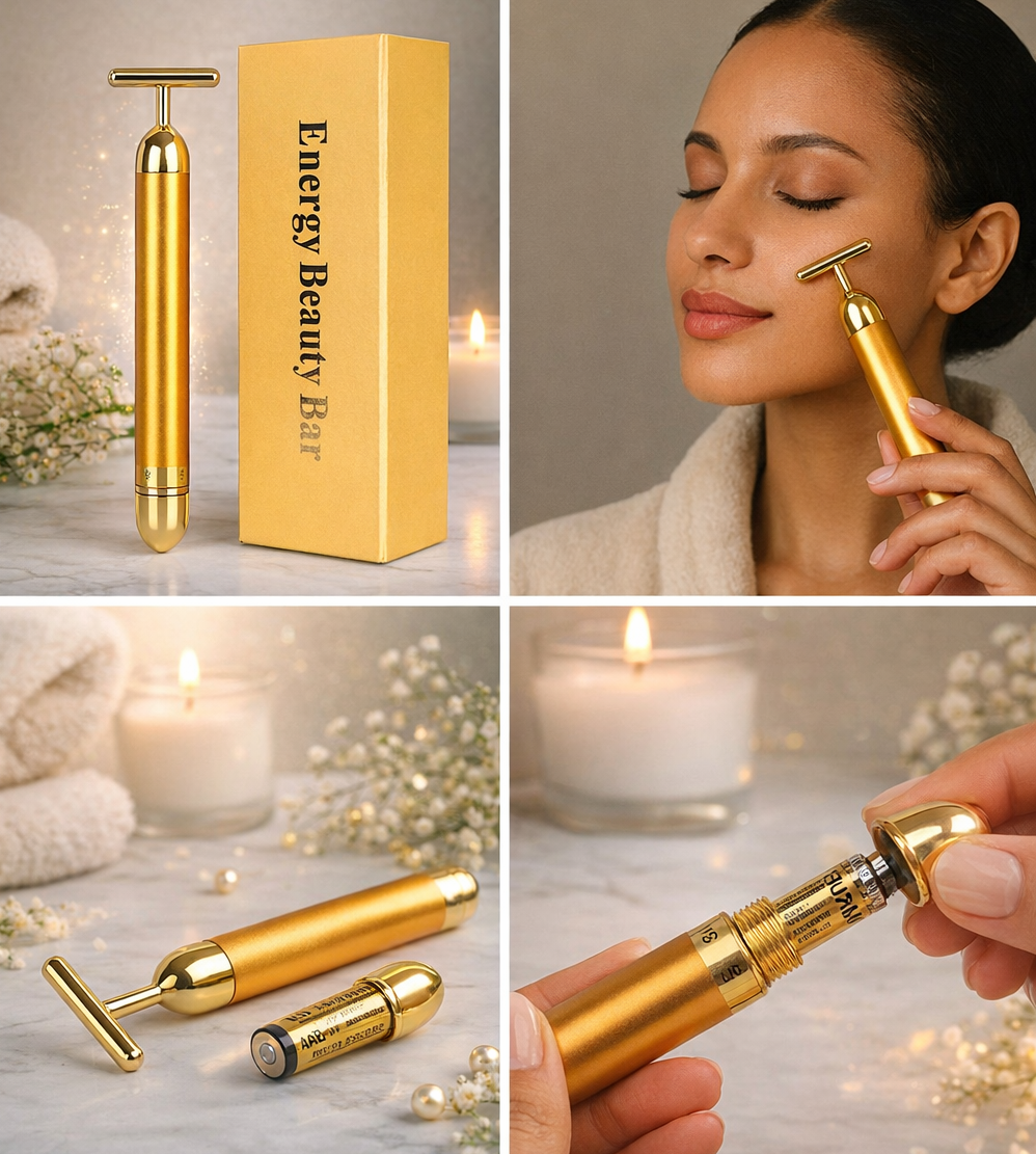 24K Gold Energy Beauty Bar T-Shape Facial Massager for Lifting, Firming & Glow