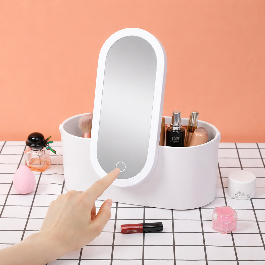 LED Makeup Organizer Storage Box for Skincare & Makeup Essentials with Touch Mirror